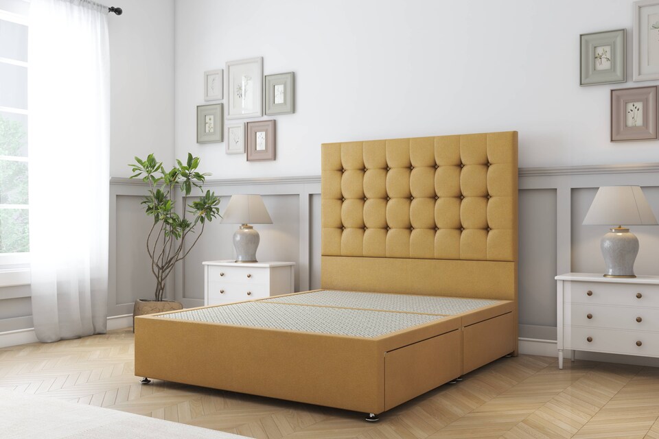 image 1 of Sloomy Alabama Mustard Plush Divan Bed Base 2 Drawers Foot-End With 26 Inch Strutted Headboard | Gold | Mustard | Super King | 1