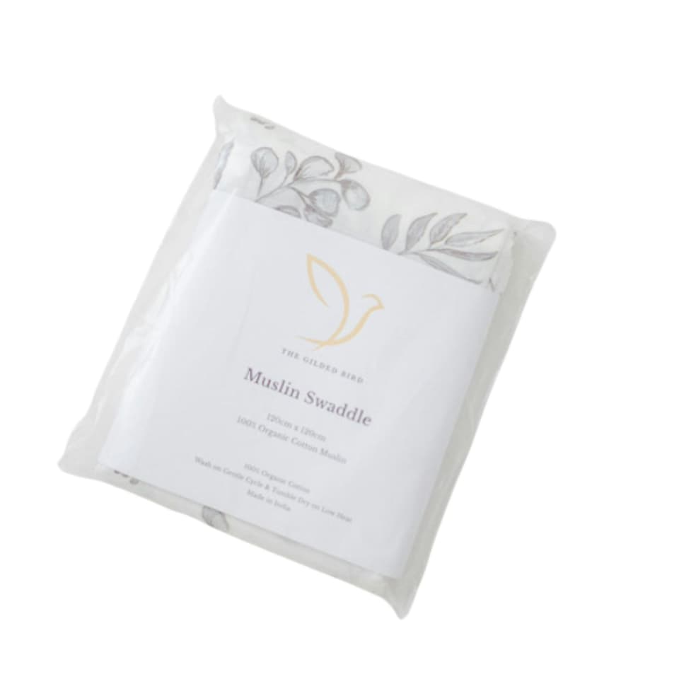 image 1 of The Gilded Bird XL Muslin Swaddle - Lovely Leaves Grey