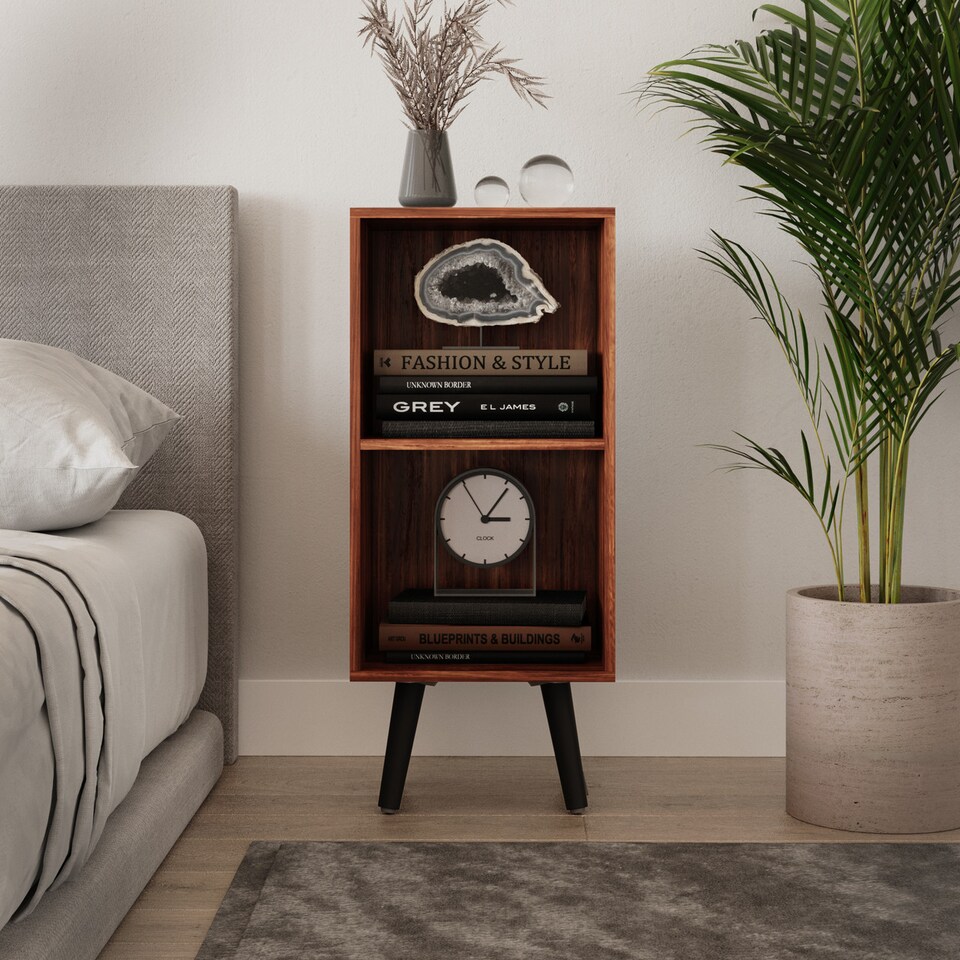 image 1 of 2-Tier Cube Display Cabinet with Scandinavian Legs | Brown | Teak & Black | 1