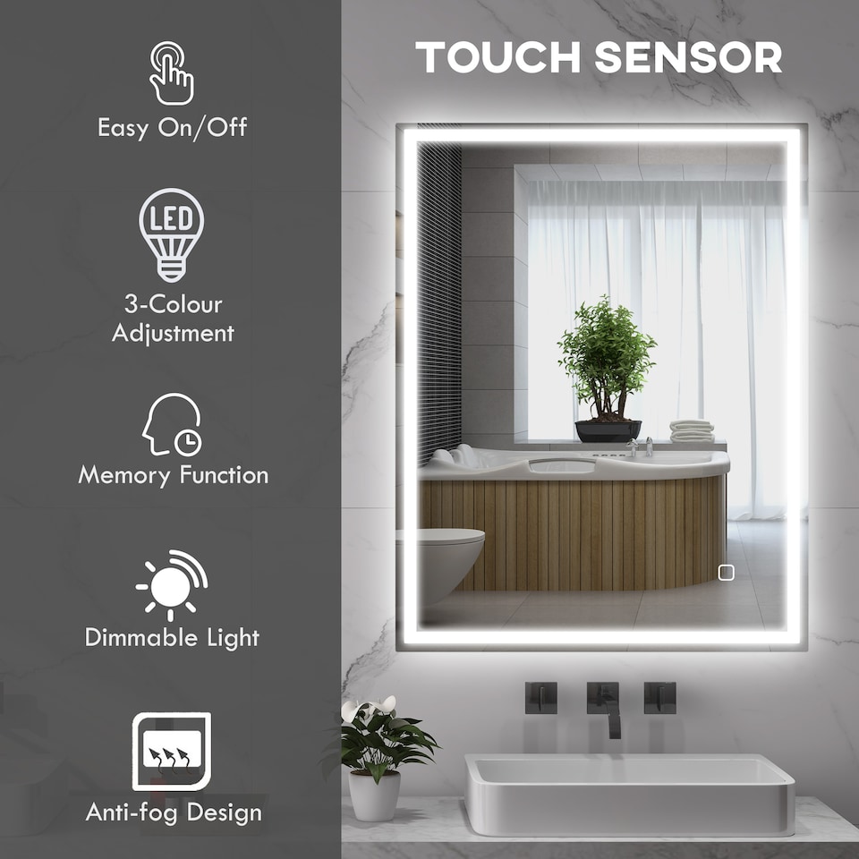 image 1 of HOMCOM Bathroom Mirror with LED Lights, Illuminated Makeup Mirror with 3 Colours, Defogging Film and Memory Function, Hardwired