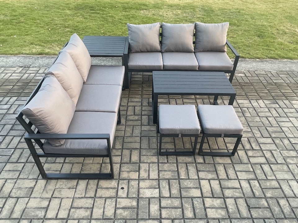 image 1 of Fimous Aluminium Patio Outdoor Garden Furniture Lounge Sofa Set with Oblong Coffee Table 2 Small Footstools Side Table Dark Grey