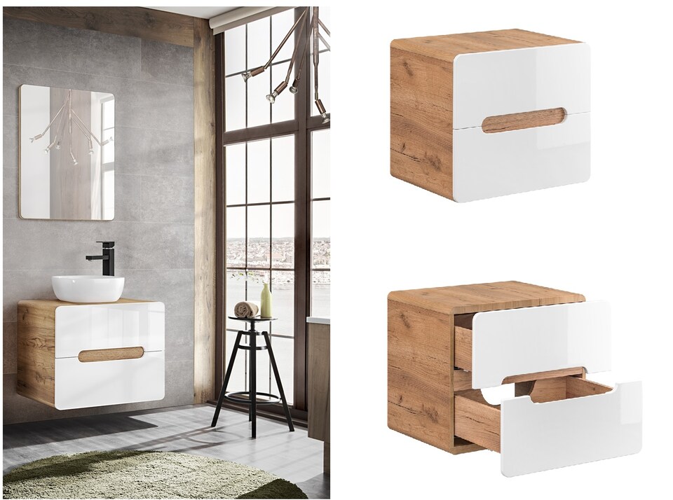 image 1 of 600mm Vanity Unit for Countertop Sink Wall Bathroom Cabinet with Drawers Handleless White Gloss Oak Arub
