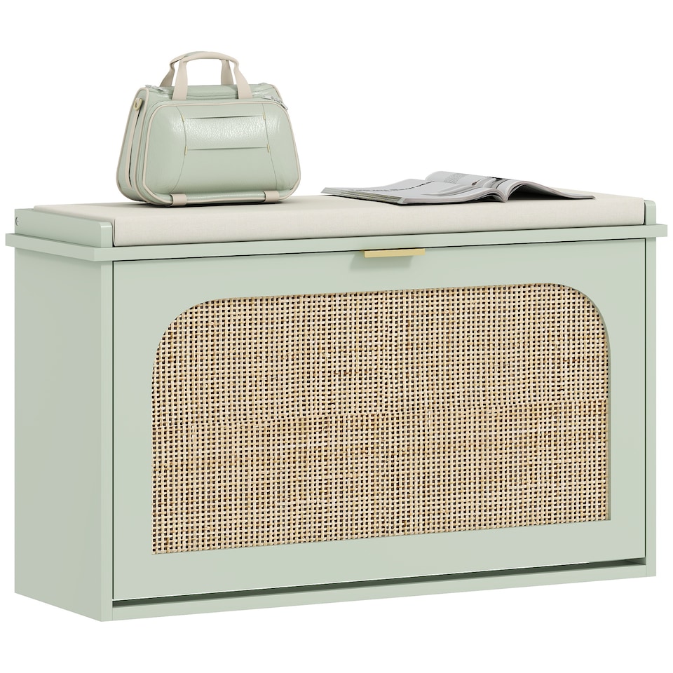 image 1 of HOMCOM Narrow Shoe Bench with Padded Seat and Flip-Drawer, Boho Shoe Storage Bench with Rattan Door and Adjustable Shelf for Hallway, Entryway, Holds 8 Pairs, Light Green | Green | Light Green