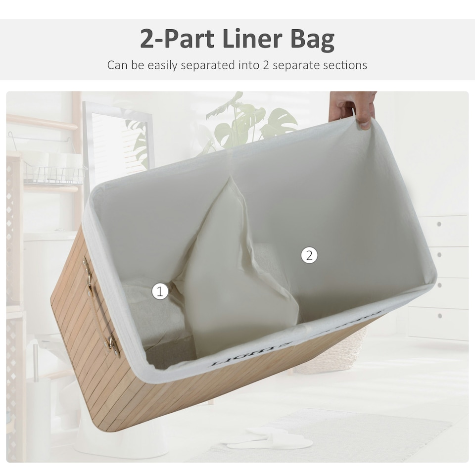 image 1 of HOMCOM 100L Laundry Hamper Large 100L Double Washing Clothes Basket Natural