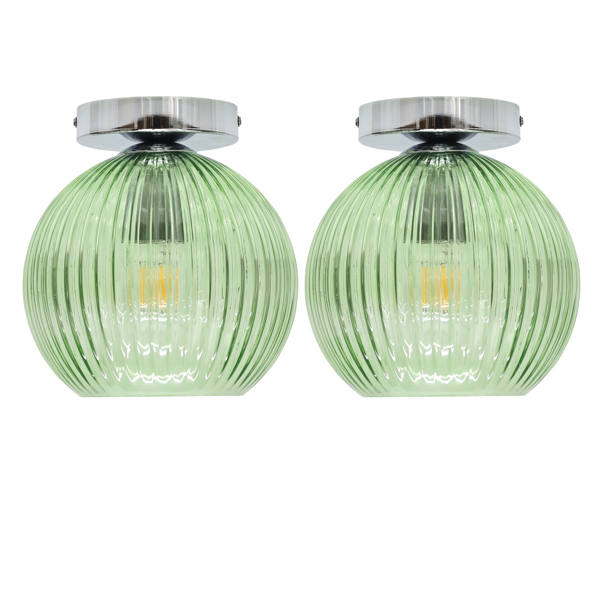 First Choice Lighting Set of 2 Betchley - Green Ribbed Glass Globe Chrome Ceiling Lights