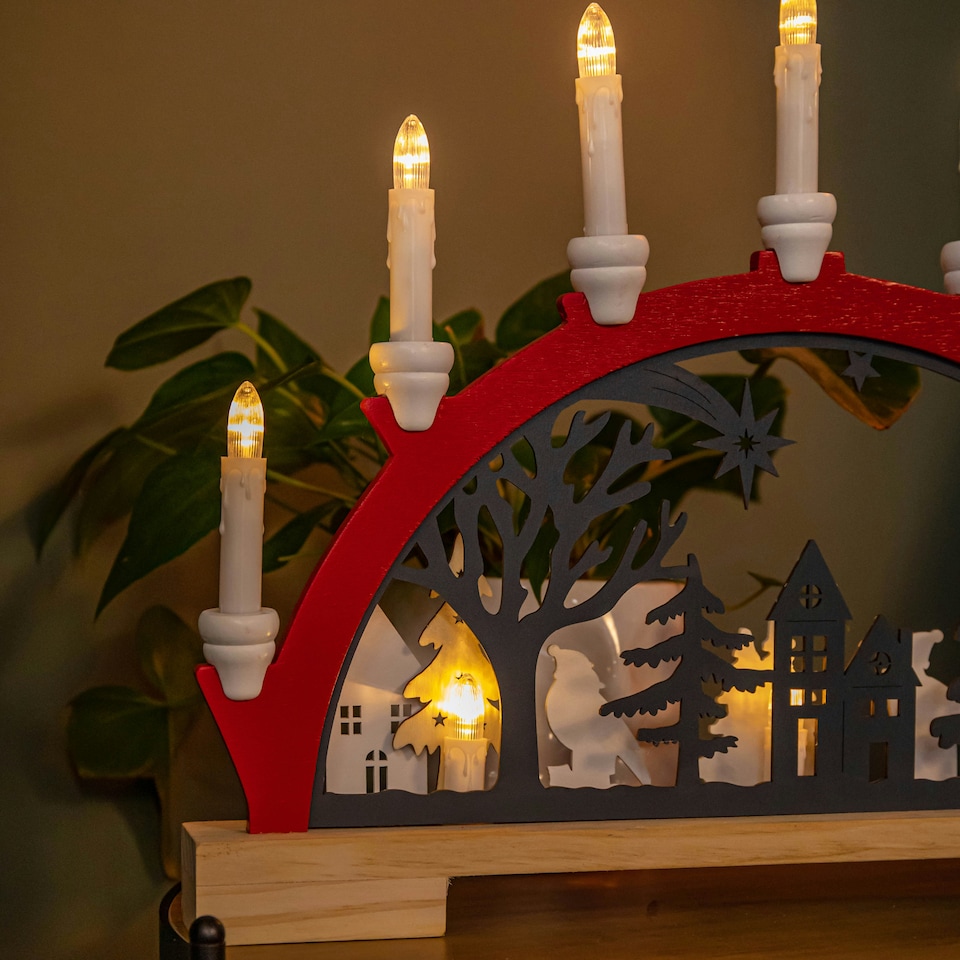 image 1 of 45cm Battery Operated Light up Red Wooden Christmas Candle Bridge with 9 Warm White LEDs