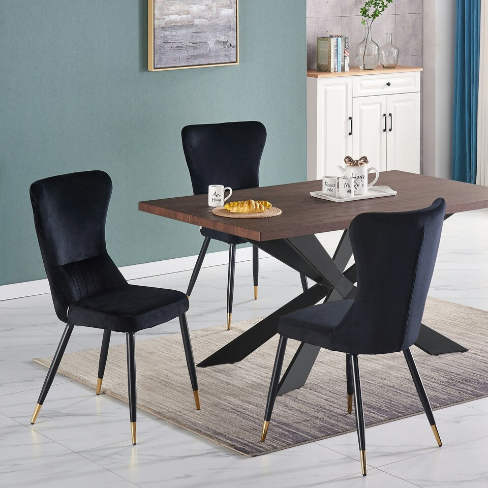 image 1 of Set of 4 New York Modern Velvet Dining Chairs with High Back, Black Metal Legs Black | Gold End Tips