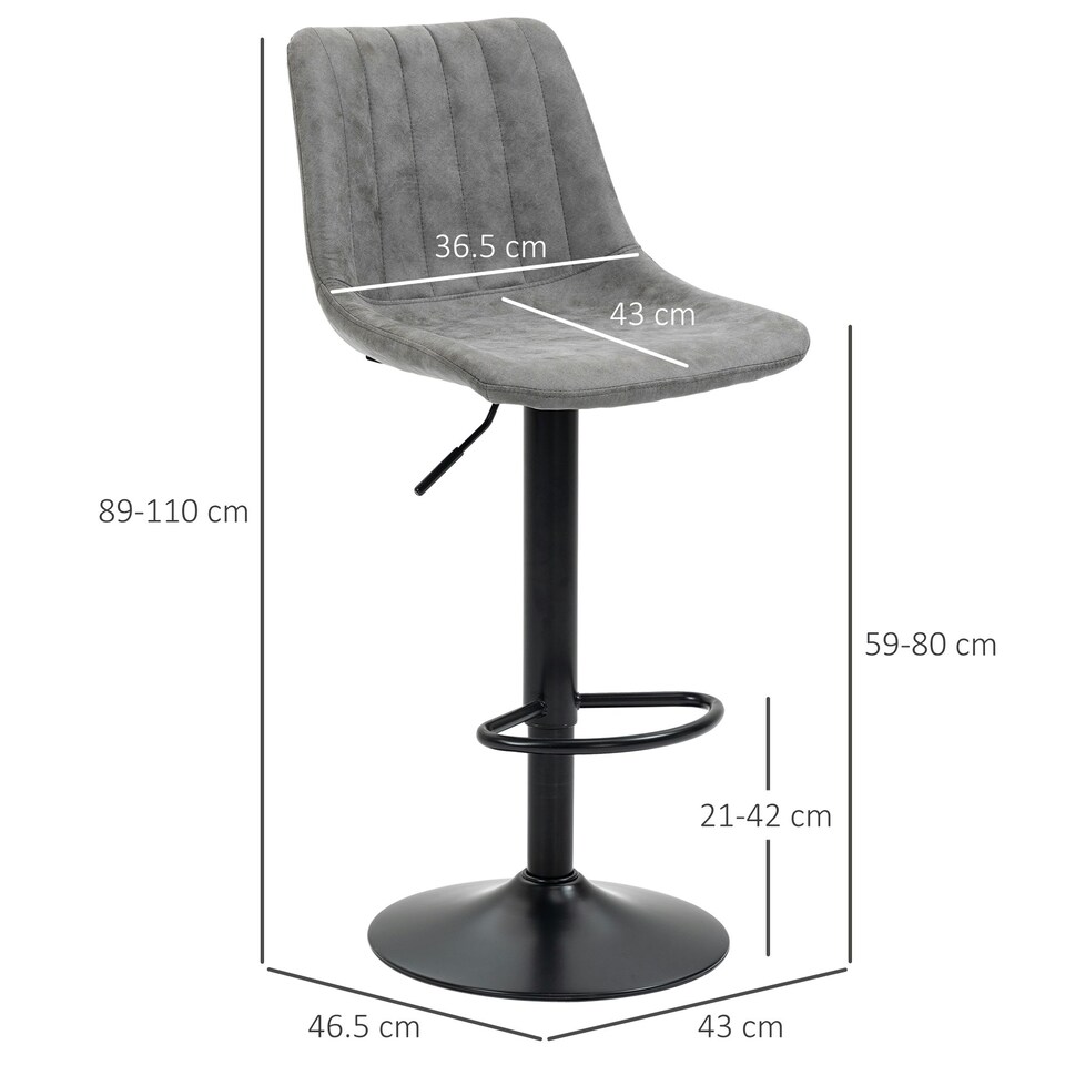 image 1 of HOMCOM Set Of 2 Microfibre Retro Tub Bar Stools Metal Frame Footrest Seat Grey