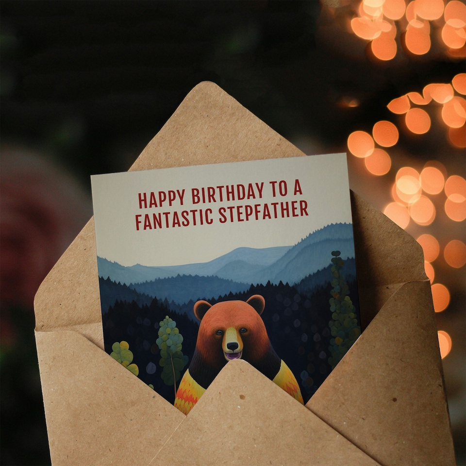 image 1 of Fantastic Stepdad Hipster Hippie Hippy Bear Birthday Card