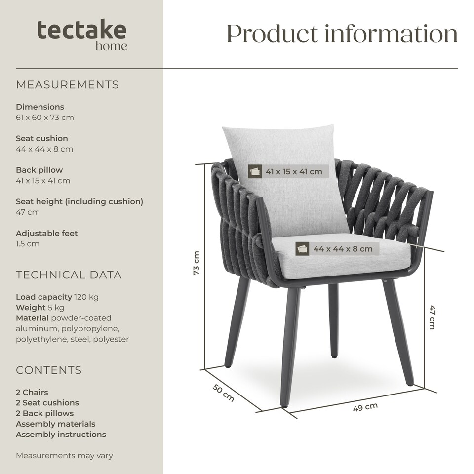 image 1 of Chair Lugano Set of 2 - aluminium frame, weather-resistant, thick cushions, 61 x 60 x 73 cm | Grey | anthracite | One Size | 2