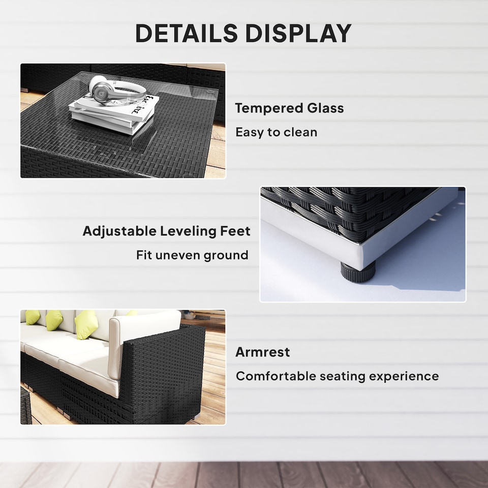 image 1 of Outsunny 8 Piece Rattan Corner Sofa Set with Wide & Deep Seat, Assembled Aluminium 7 Seater PE Rattan Garden Furniture Set with Thick Cushions and Glass Top Table for Outdoor, Conservatory, Black