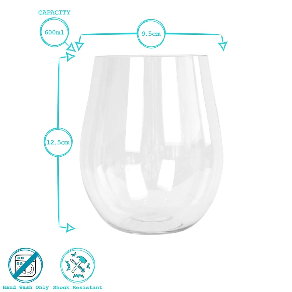 image 1 of Argon Tableware 600ml Plastic Wine Glasses - Set of 6 - Clear Reusable Stemless Cocktail Champagne Tumbler Drinking Cups