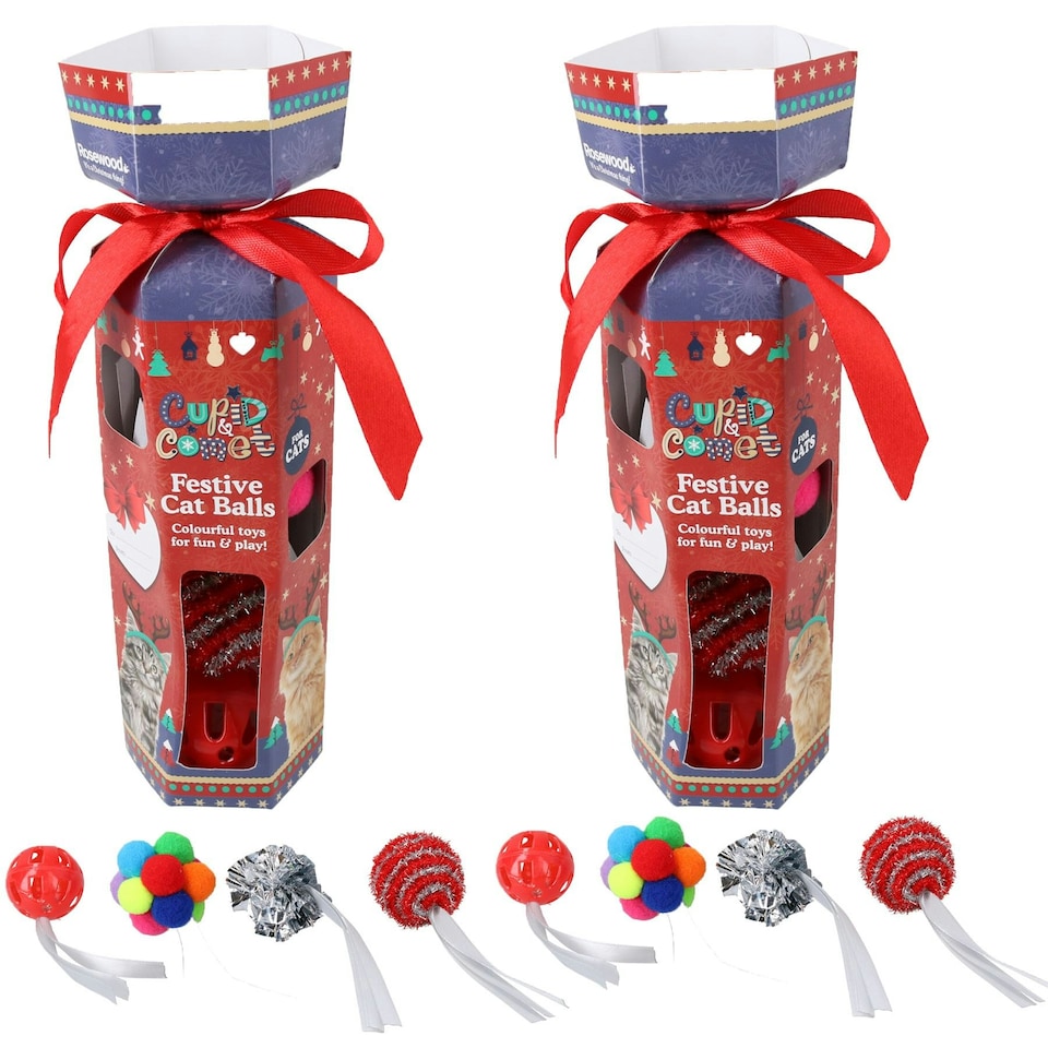 image 1 of 2pk Cat Kitten Festive Christmas Cracker Gift Contains 4 Different Textured Balls
