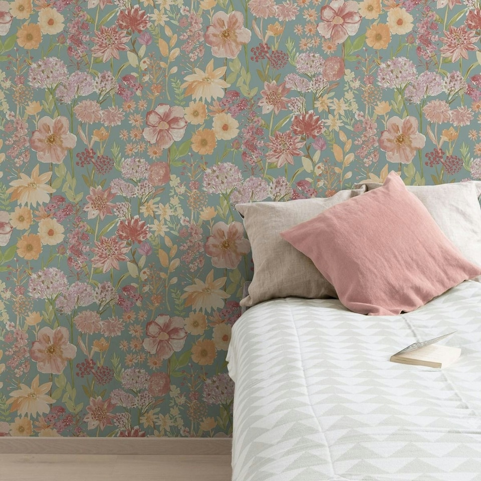 image 1 of Grandeco Wild Flowers Wallpaper - Pink/Blue - 10m x 53cm Pink