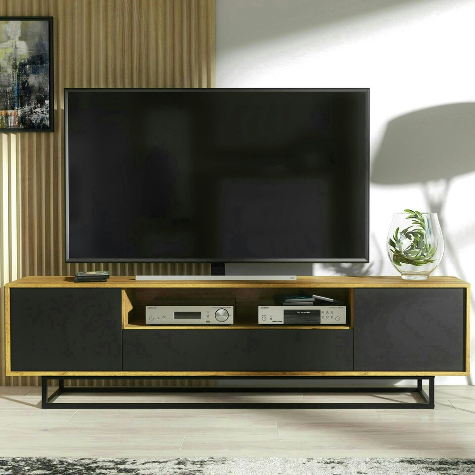 image 1 of TV Unit 200cm Oak Body with Black Doors and Drawer on Metal Base | Multi | Oak | One Size | 1