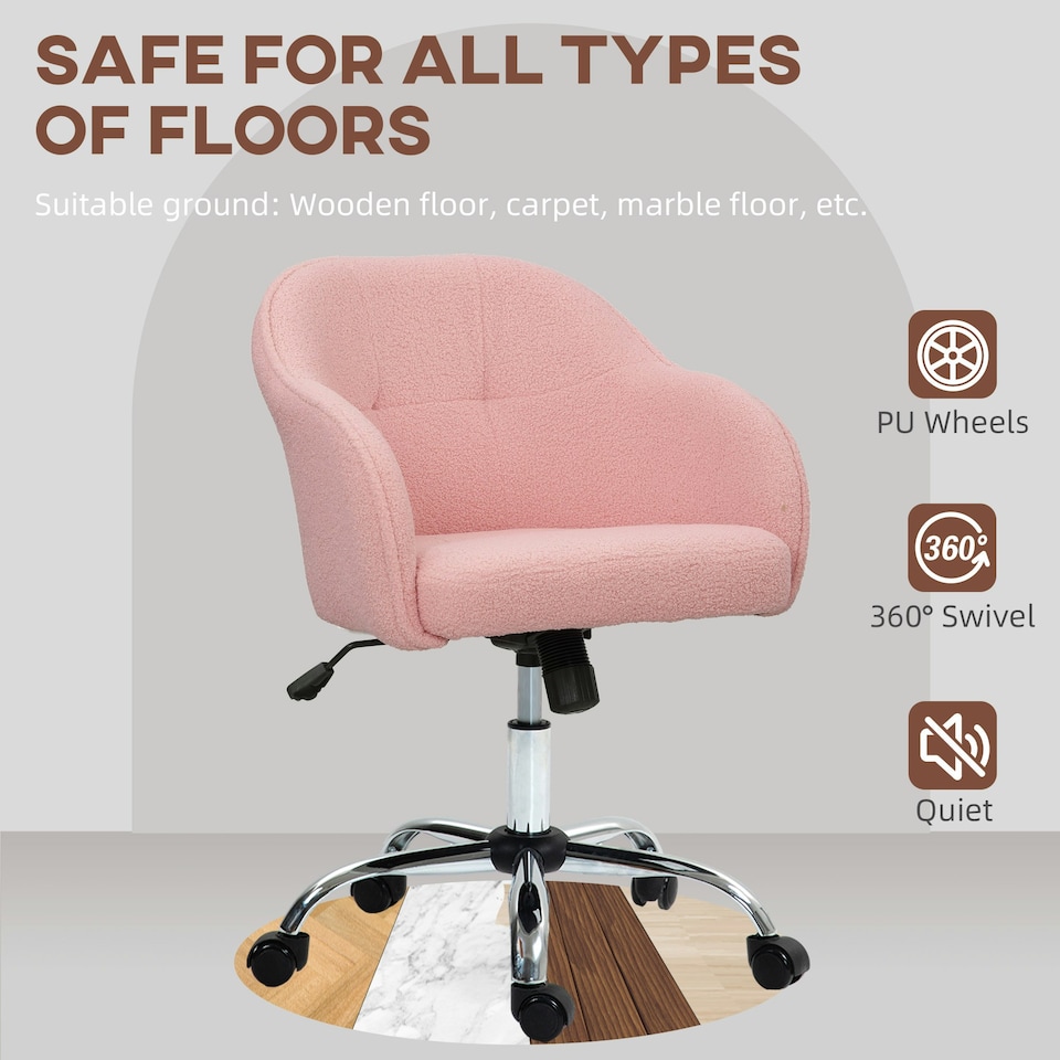 image 1 of HOMCOM Fluffy Vanity Chair for Desk, with Height Adjustable, Wheels, Pink | Pink | One Size