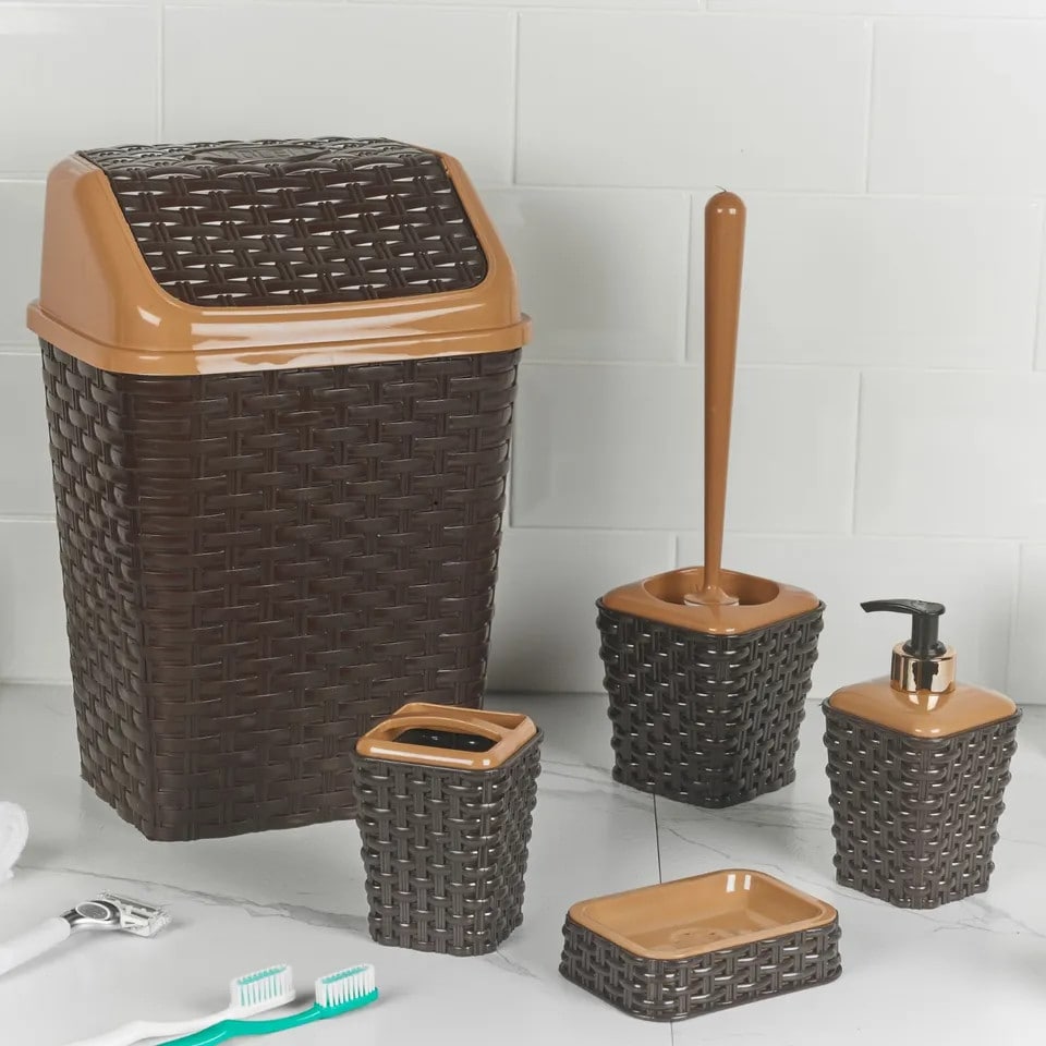 image 1 of 5-Pcs Violet Plastic Rattan Bathroom Set | Brown | 1