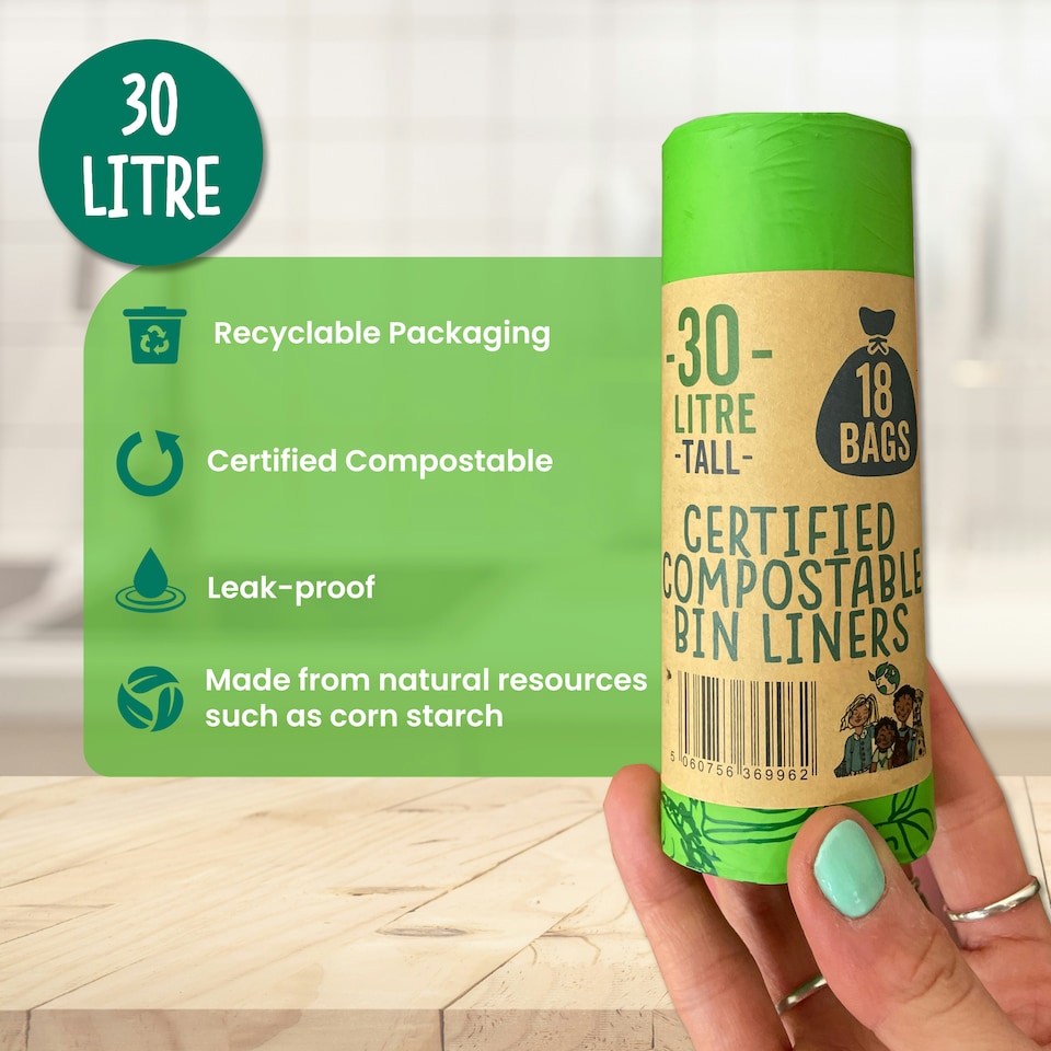 image 1 of Eco Green Living Plastic Free Bin Liners, Designed to Break Down Naturally Leakproof, Strong Food Waste Bin Bags 30 Liters 18 Bags 4 Pack