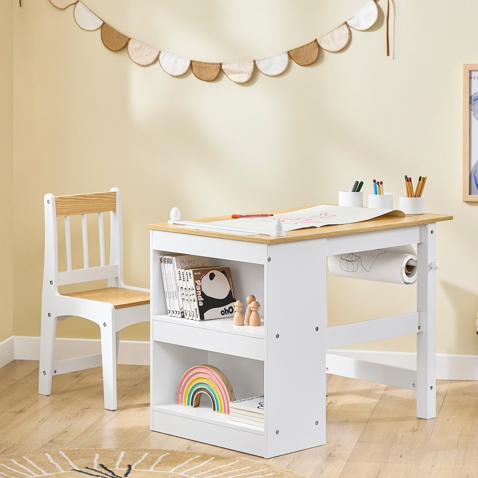 image 1 of SoBuy Kids Desk and Chair Set with 2 Storage Shelves and Paper Roll Holder, White/Natural, 31.4x19.6x25.1 in, 15.3 kg - KMB60-WN