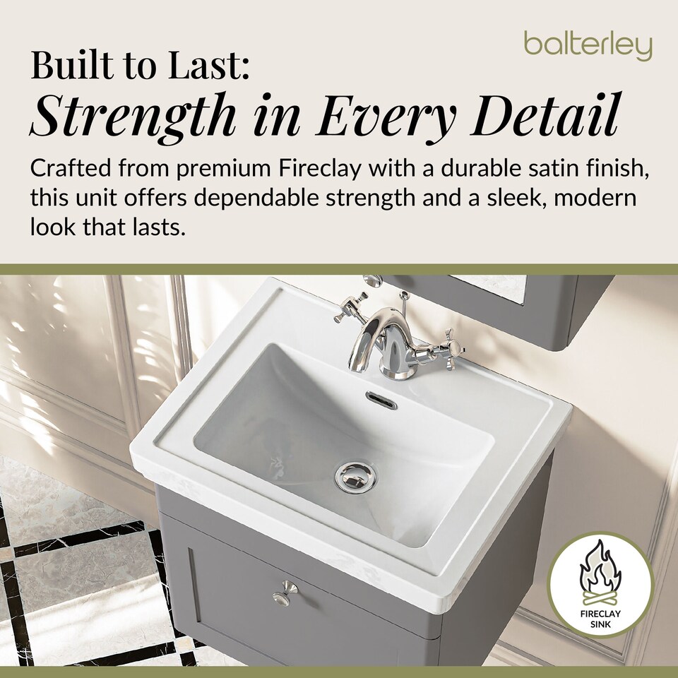 image 1 of Balterley Classic Traditional Bathroom Wall Hung 1-Drawer Vanity Unit & Fireclay Basin | Grey | Satin Grey