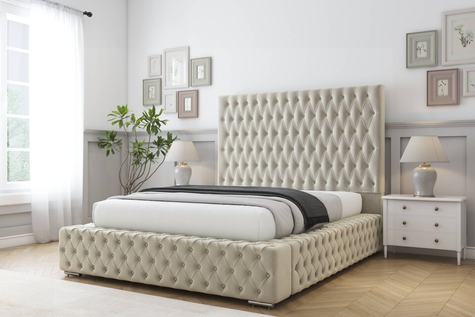 image 1 of Sloomy Ambassador Cream Plush Bed Frame With 50"  Upholstered Headboard 6' Super King