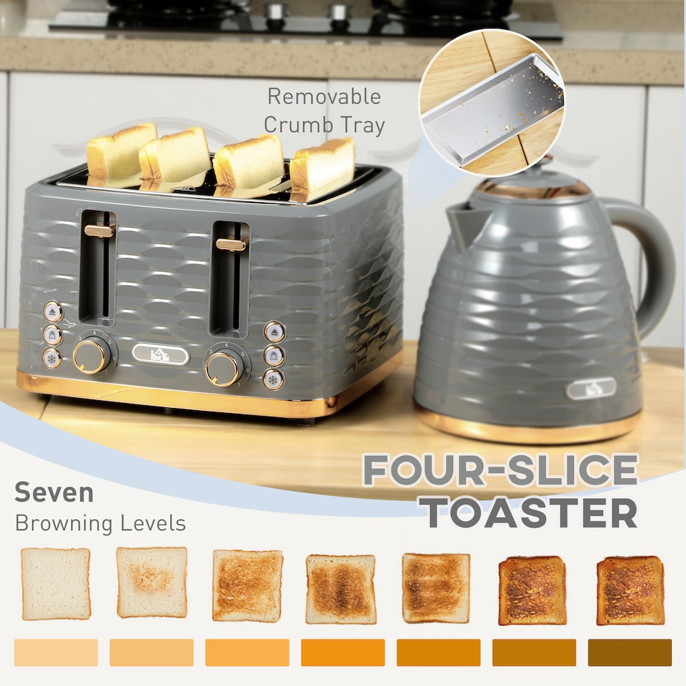 image 1 of HOMCOM Kettle and Toaster Set 1.7L Rapid Boil Kettle & 4 Slice Toaster Grey