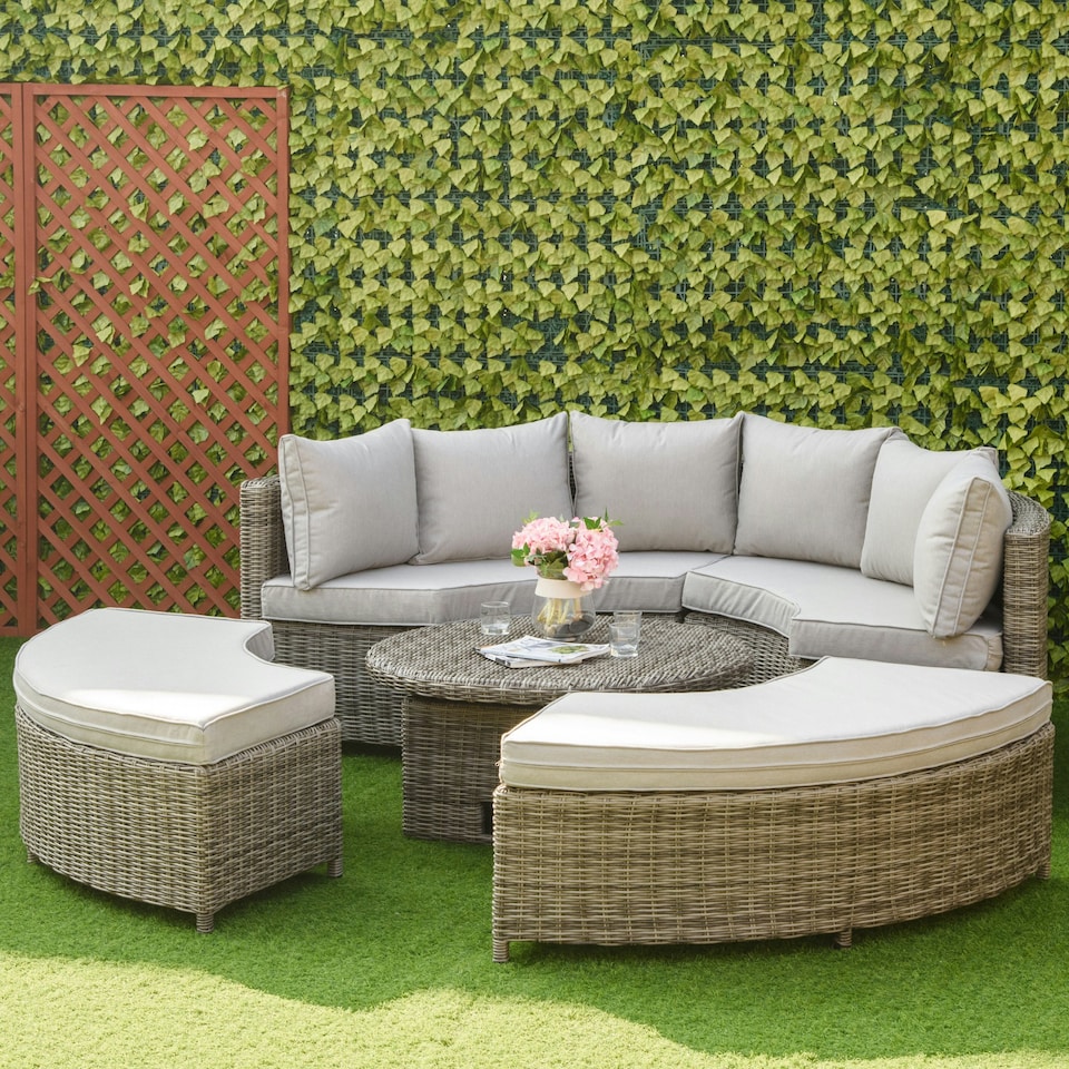 image 1 of Outsunny 5 PCs Outdoor Rattan Lounge Chair Round Daybed Table Set w/ Cushion