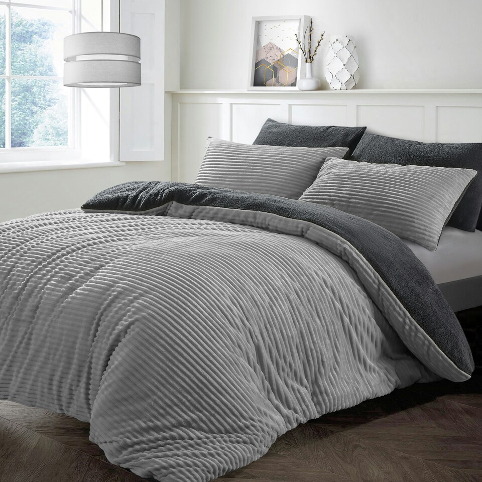 image 1 of Velosso Plush Corduroy Teddy Fluffy and Warm Fleece Duvet Cover Set Silver | Silver | King