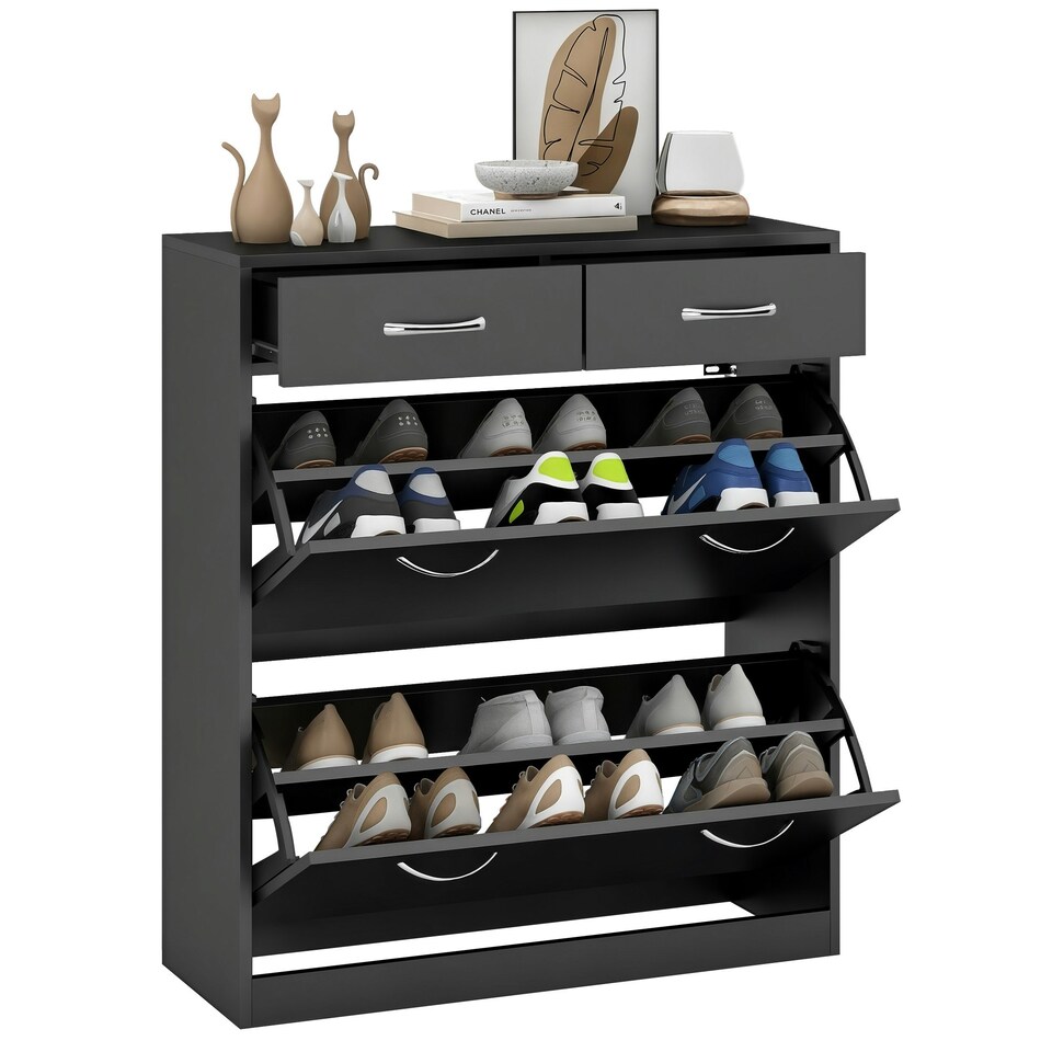 image 1 of HOMCOM Slim Shoe Cabinet with 2 Flip Drawers for 12 Pairs of Shoes Black 