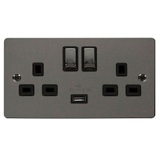 SE HOME Flat Plate Black Nickel 2 Gang 13A DP Ingot 1 USB Twin Double Switched Plug Socket - Black Trim - SE Home Black | Nickel