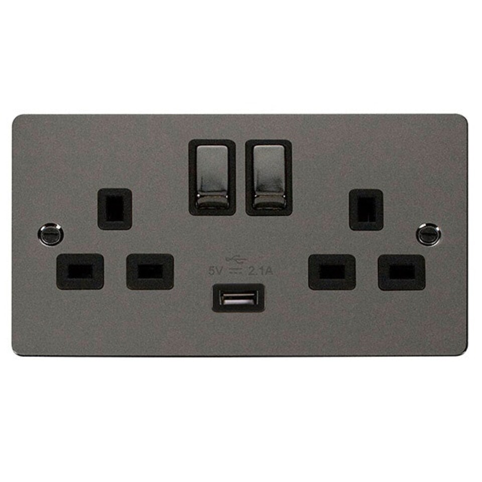 SE HOME Flat Plate Black Nickel 2 Gang 13A DP Ingot 1 USB Twin Double Switched Plug Socket - Black Trim - SE Home Black | Nickel