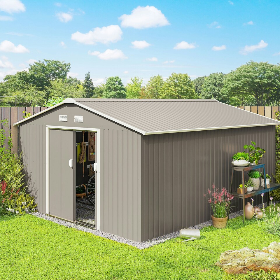 image 1 of Outsunny 13 x 11ft Garden Shed Storage with Foundation Kit & Vents Light Grey