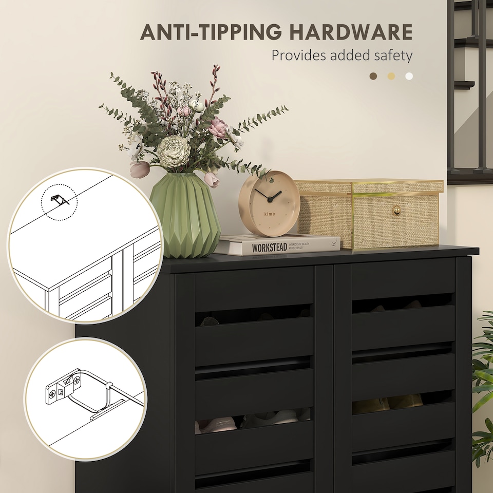 image 1 of HOMCOM Narrow Shoe Cabinet for Entryway, 5-Tier Slim Shoe Storage Cabinet with 2 Slatted Doors and Adjustable Shelves for 15 Pairs, Black | Black | Black