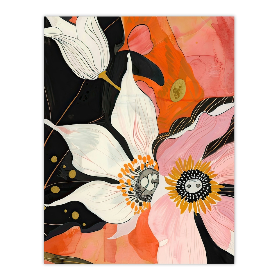 image 1 of Abstract Pink Orange Flowers Floral Boho Black Framed Wall Art Print A4