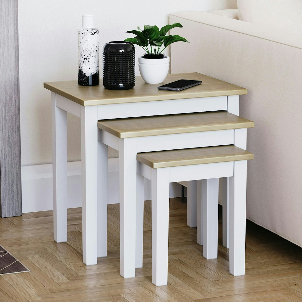 image 1 of Vida Designs Yorkshire Set of 3 Nest of Tables Sofa Side End Table, White & Oak