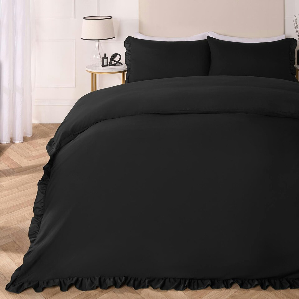 image 1 of OHS Ruffled Frill Edge Duvet Cover and Pillowcase Bedding Set, King - Black