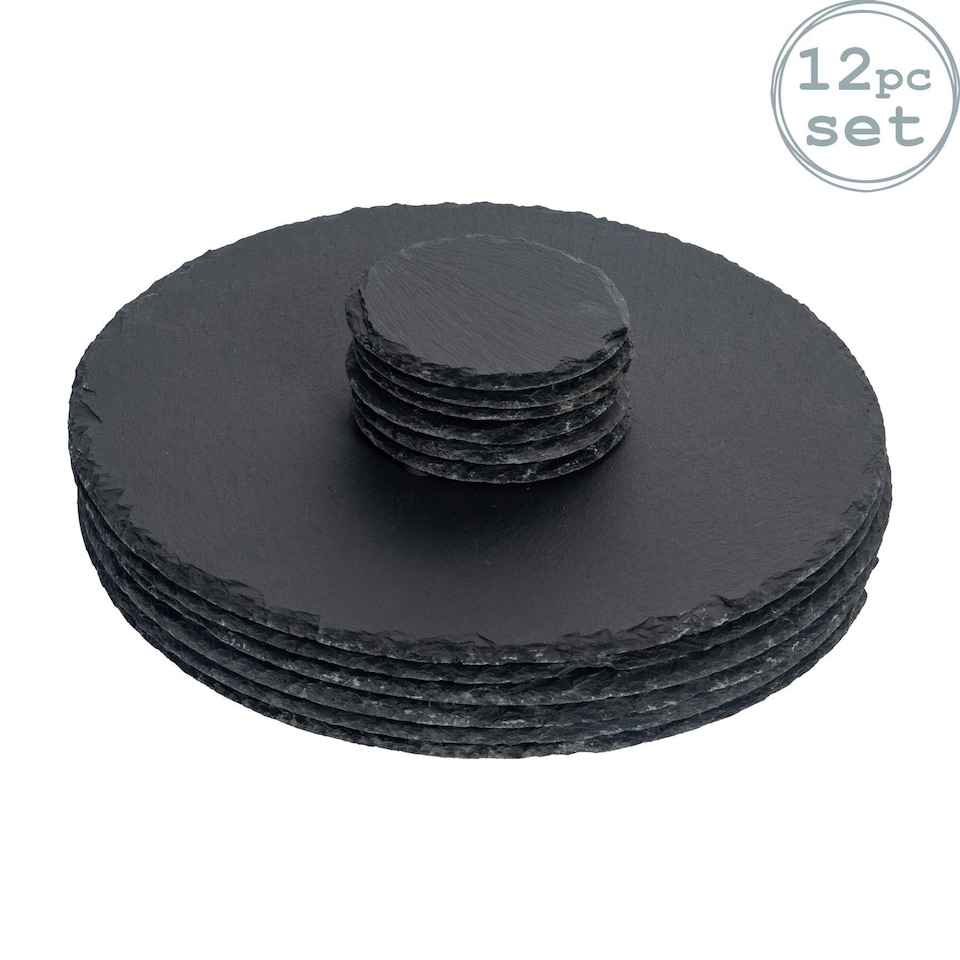 image 1 of Argon Tableware 12 Piece Round Slate Placemats & Coasters Set Grey