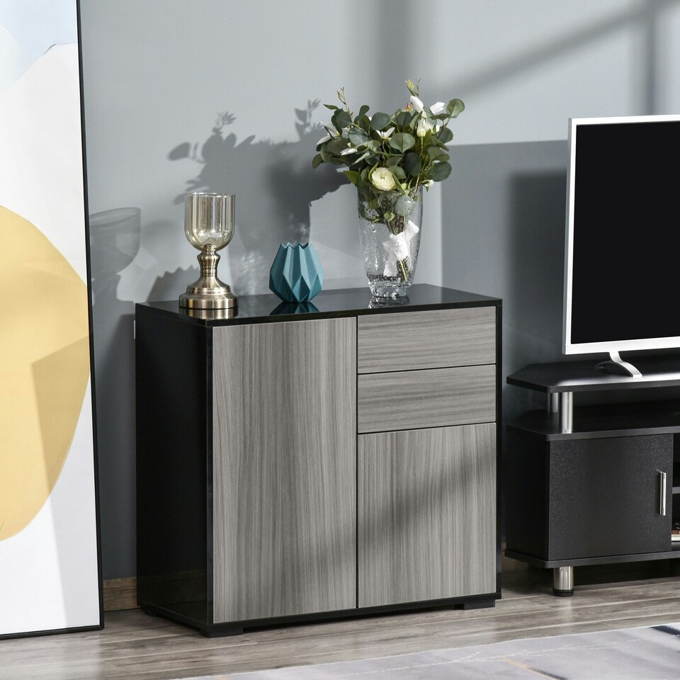 image 1 of HOMCOM High Gloss Frame Sideboard, Side Cabinet, Push-Open Design with 2 Drawer for Living Room, Bedroom, Light Grey and White