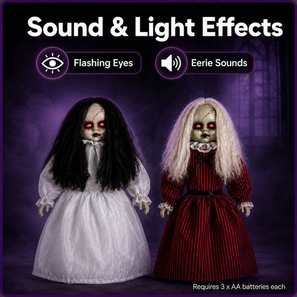image 1 of Adult Halloween Animated Jumping & Walking Dolls Spooky Party Decoration Prop Pair Set of 2