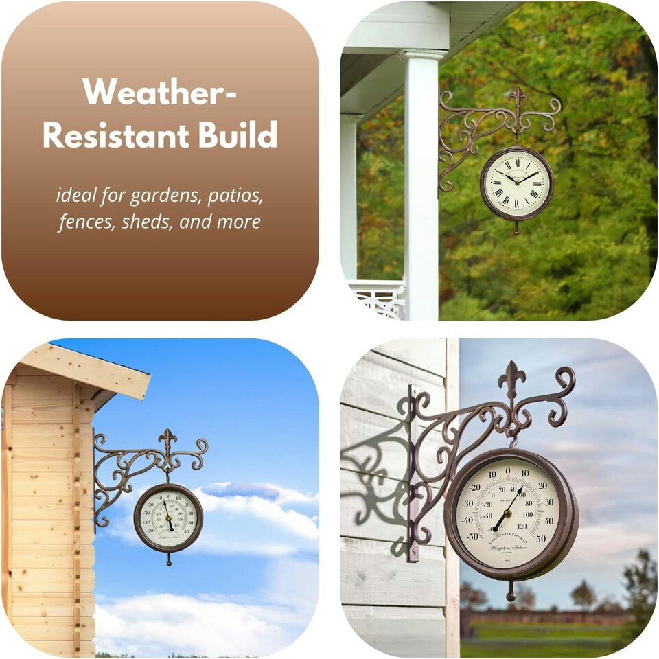 image 1 of Marco Paul 32cm Double Sided Outdoor Station Wall Clock and Thermometer Brown