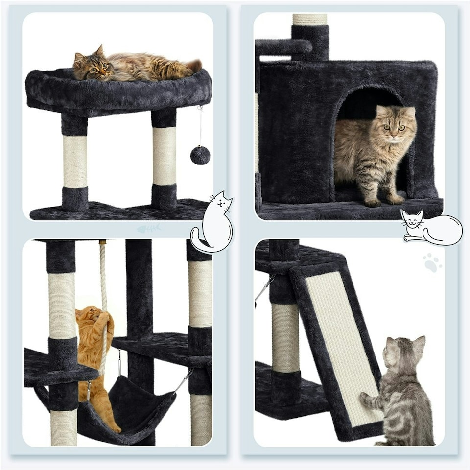 image 1 of Yaheetech Large Cat Tower with Hammock Scratching Posts Black