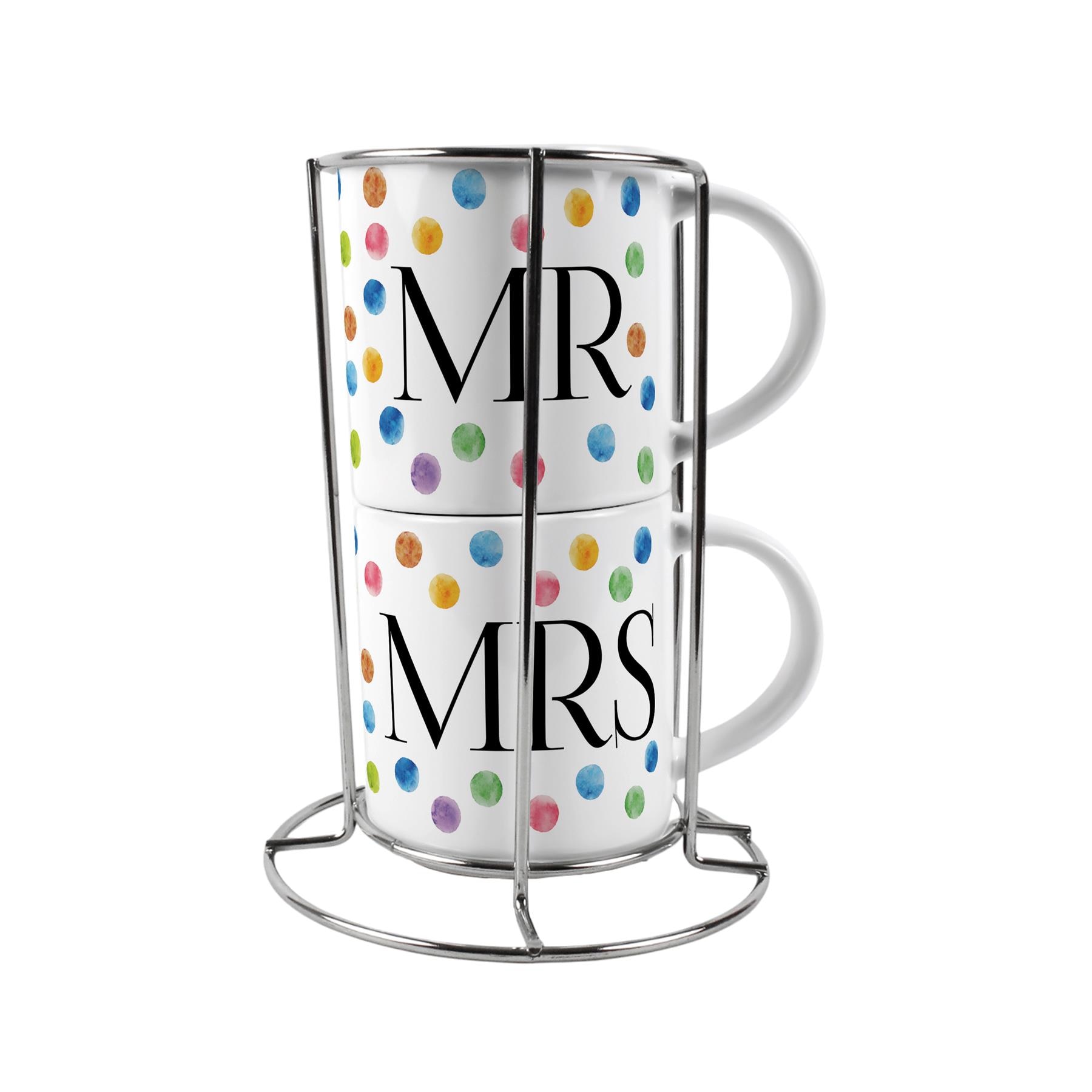 Mr & Mrs Stacking Mugs Set - Multicolour Polka Dots Gifts for Couples Ceramic Cups Set of 2 with Metal Stand White