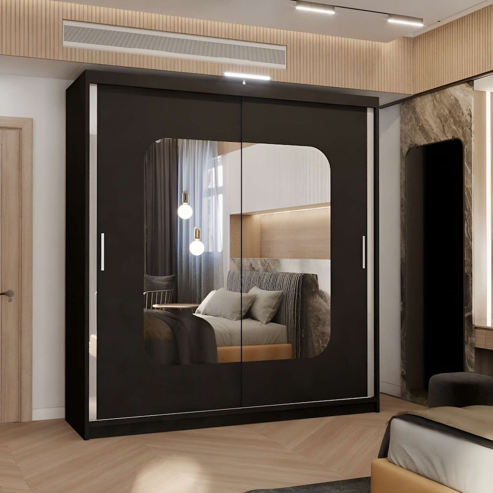 image 1 of Modern Mirror Sliding Wardrobe with Gloss Strips & Storage