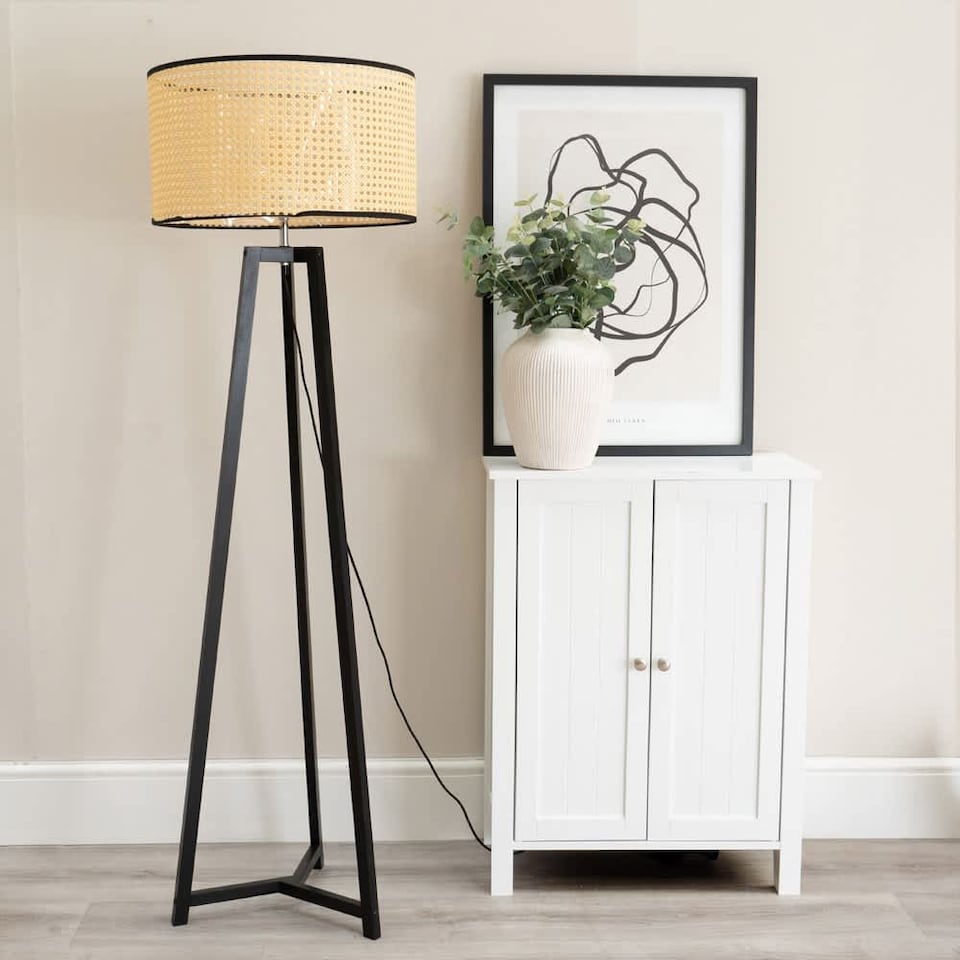 image 1 of ValueLights Lottie Black Wood Tripod Floor Lamp Natural Cane Shade