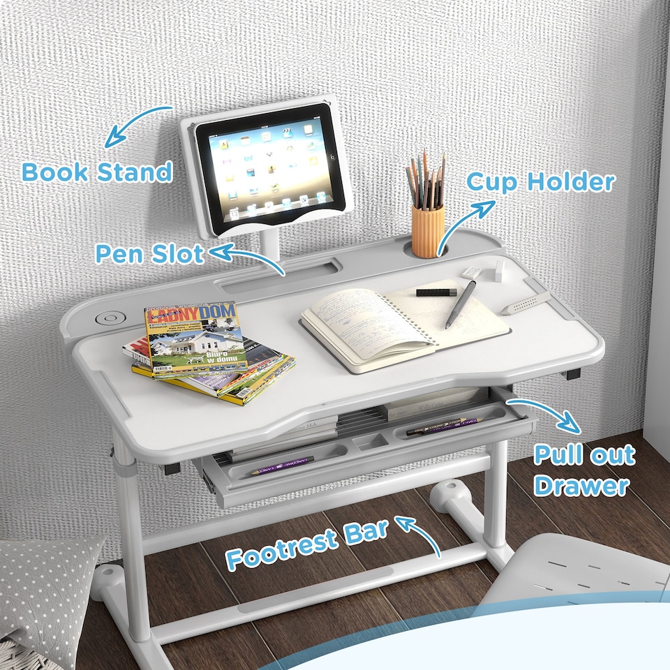 image 1 of AIYAPLAY Height Adjustable Kids Desk and Chair Set w Tilted Desktop | Grey