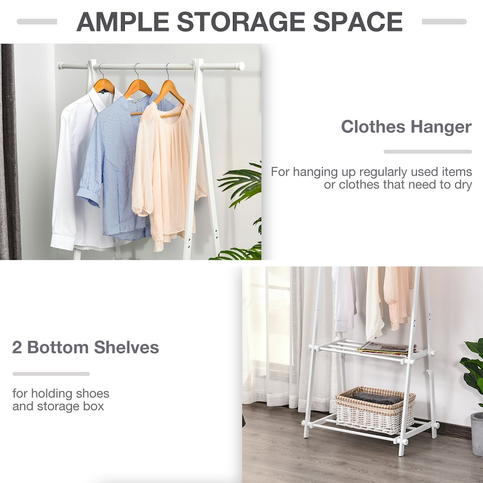 image 1 of HOMCOM 40KG Freestanding Steel Clothes Hanger w/ 2 Shelves Open Wardrobe White