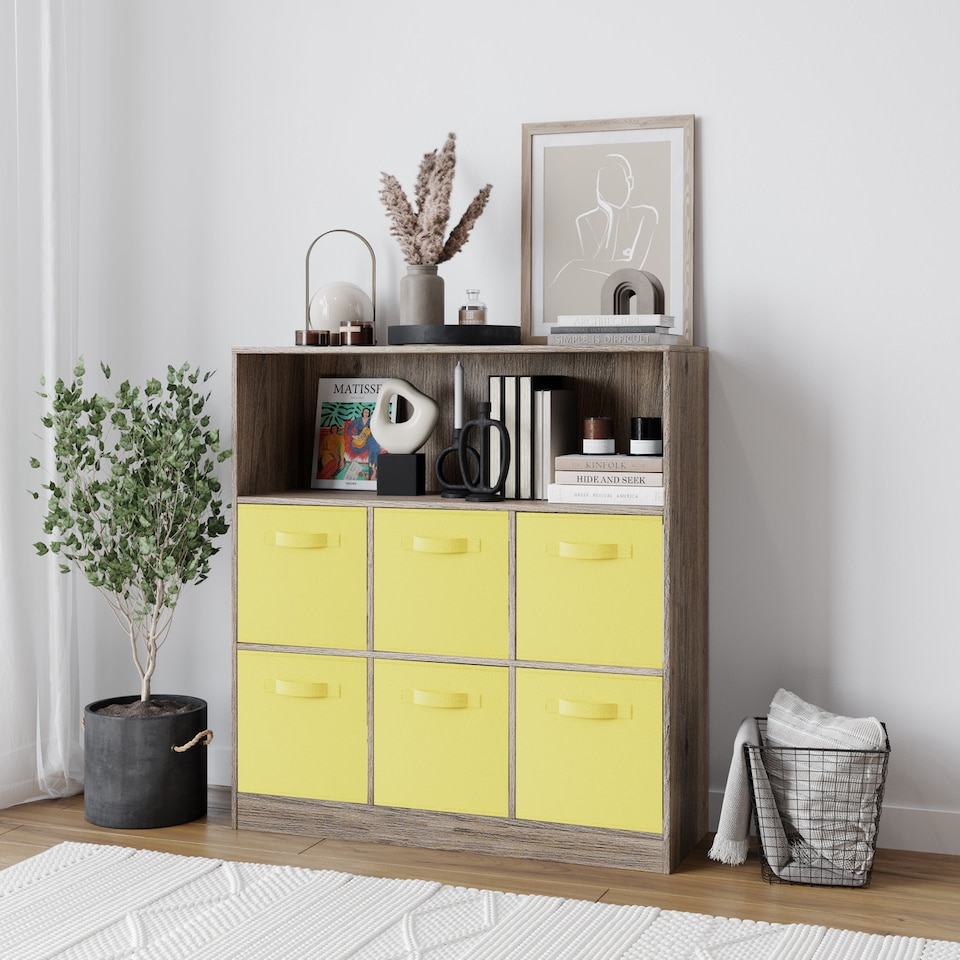 image 1 of Wide 7-Cube Bookcase With Drawers | Brown | Anthracite Oak & Yellow | 1