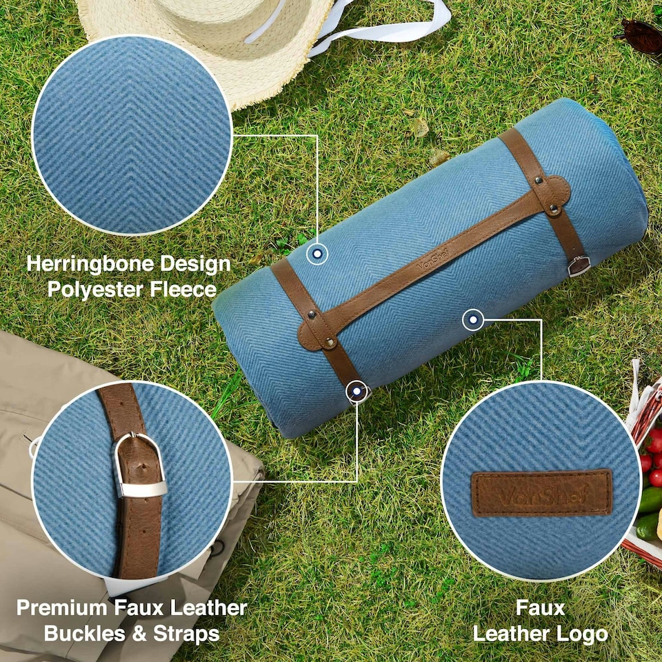 image 1 of VonShef Picnic Blanket, Large Blue Herringbone Rug with Waterproof Back, 300x200cm Blue