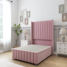 Sloomy Melbourne Pink Plush Divan Bed Base 2 Drawers Foot-End With 54 Inch Wingback Headboard & 12 Inch Matching Footboard | Pink | Pink | Super King | 1