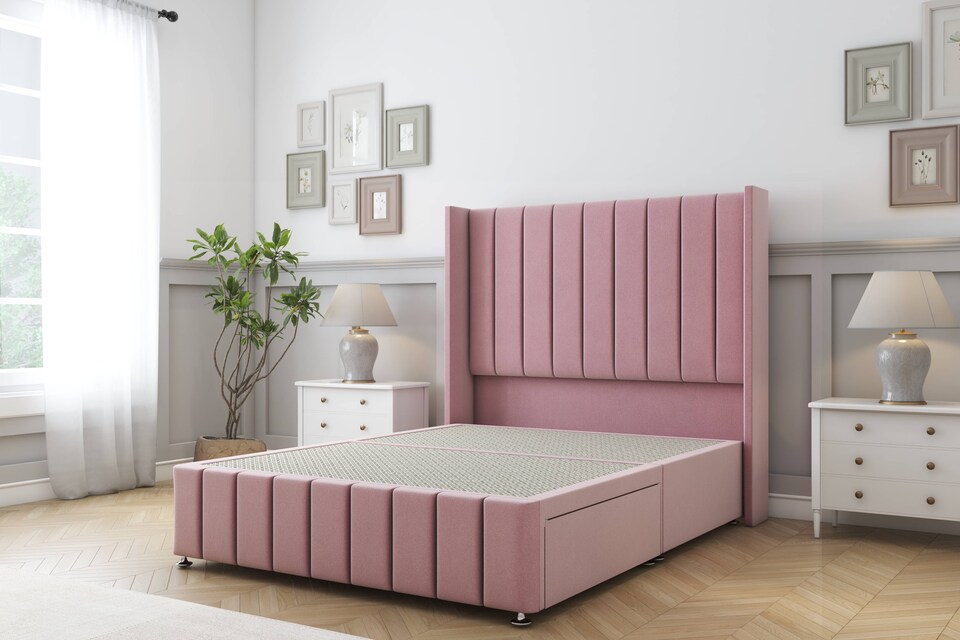 image 1 of Sloomy Melbourne Pink Plush Divan Bed Base 2 Drawers Foot-End With 54 Inch Wingback Headboard & 12 Inch Matching Footboard | Pink | Pink | Super King | 1